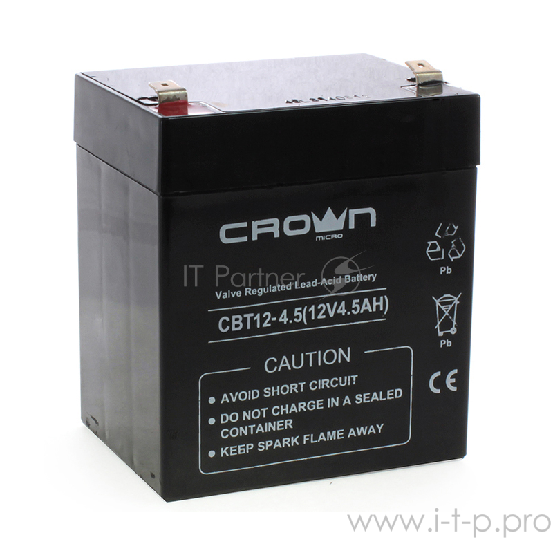 Аккумулятор CROWN CBT-12-4.5, напряжение 12В, ёмкость 4,5 А/Ч, размеры (мм) 90х70х101, вес 1,48 кг, тип клеммы - F2, тип АКБ - свинцово кислотная с загущеным электролитом в гель, срок службы 6 лет