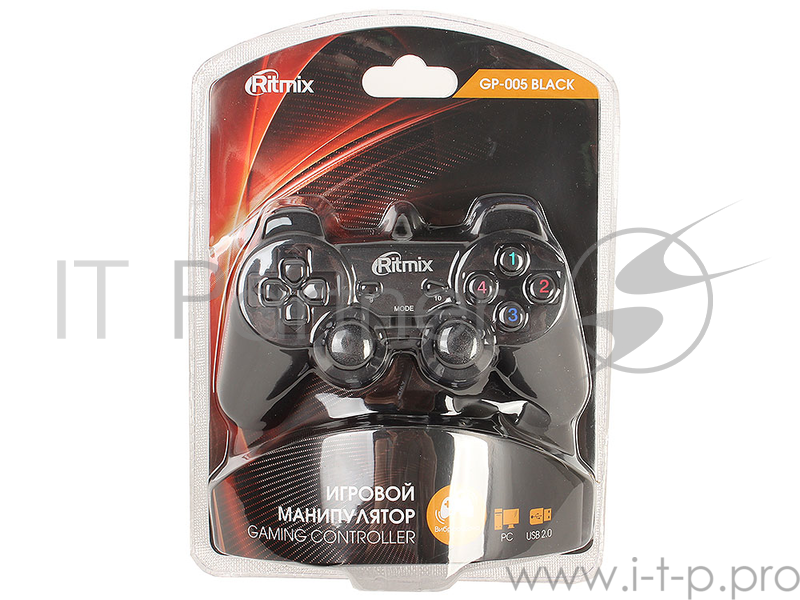 Геймпад RITMIX GP-005 Black для ПК, USB, 2 вибромотора, 16 кнопок, кабель 1,5м