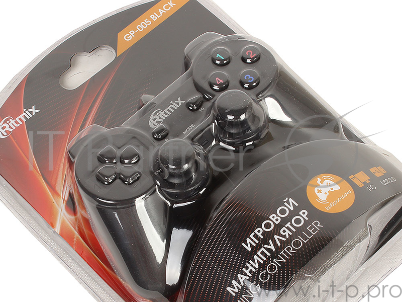 Геймпад RITMIX GP-005 Black для ПК, USB, 2 вибромотора, 16 кнопок, кабель 1,5м