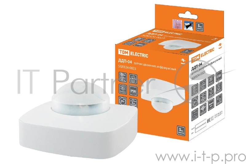 Датчик движения ТДМ SQ0324-0023 2000Вт 10-1800с 4х20м 3+лк 120сбоку+360сверхугр IP20