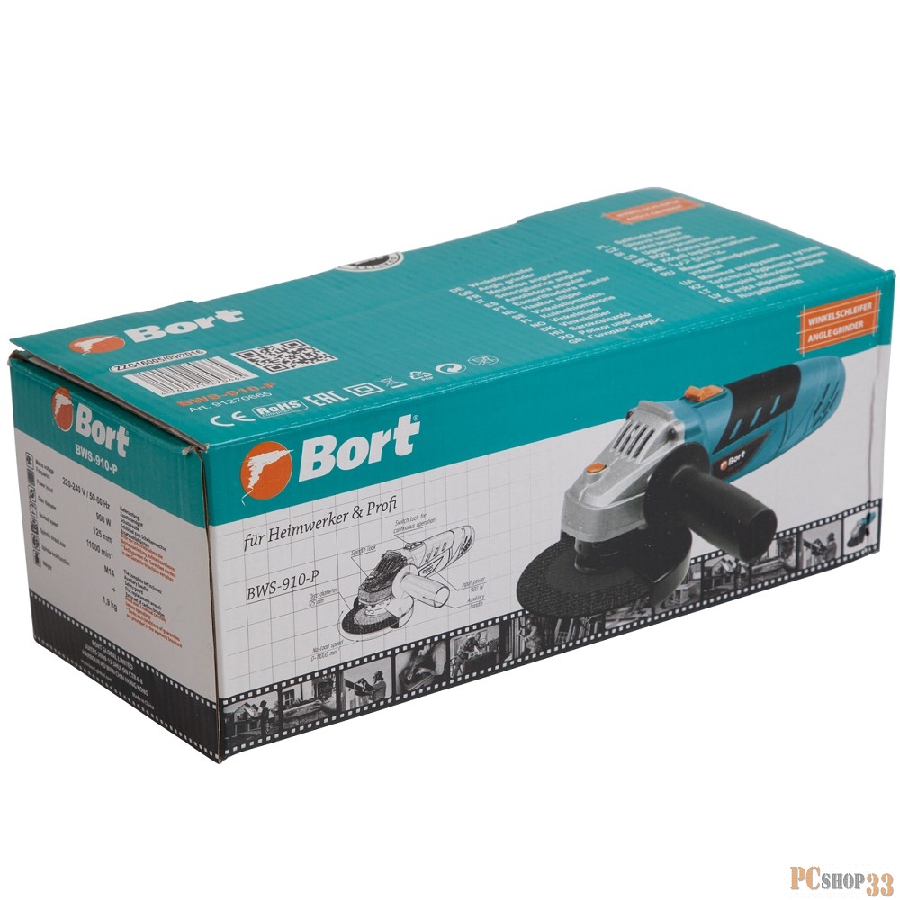 Шлифовальные машины Bort BWS-910-P Машина шлифовальная угловая 91270665 { 900 Вт, 11000 об/мин, 125 мм, М14, 1,6 кг, набор аксессуаров 4 шт }
