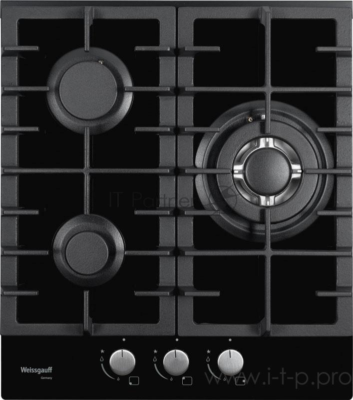 Встраиваемые газовые панели Weissgauff Газ, 45x51 см, газовая, закаленное стекло, независимая, WOK, электроподжиг, газ-контроль, чугунные решетки, черная