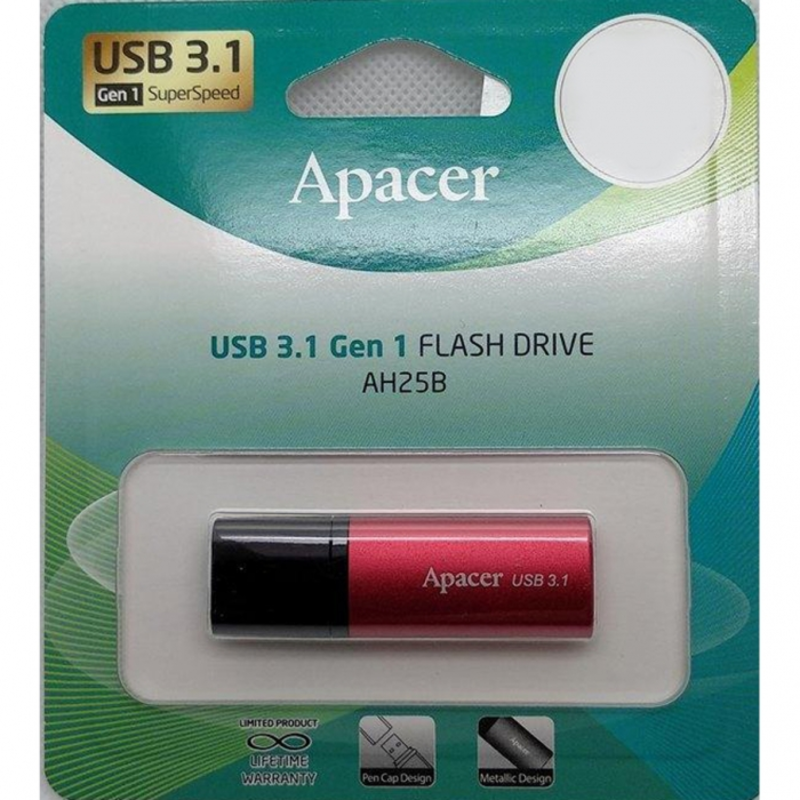 Флэш-диск 128GB Apacer AH25B USB Flash AP128GAH25BR-1 USB 3.1 Gen 1, Red/Black, Metal case, RTL (916303)