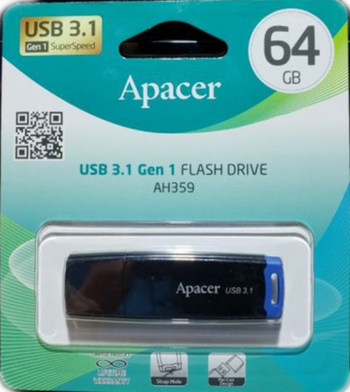 Флэш-диск 64GB Apacer AH359 USB Flash AP64GAH359U-1 USB 3.1 Gen 1, Blue, RTL (915559) {30}
