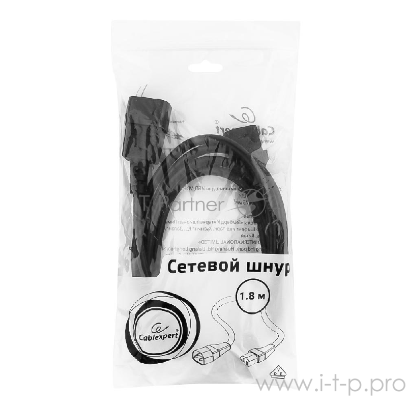 Кабель Кабель питания сист.блок-монитор Gembird 1.8м, VDE(0.75мм), черный, с зазем., пакет PC-189-VDE