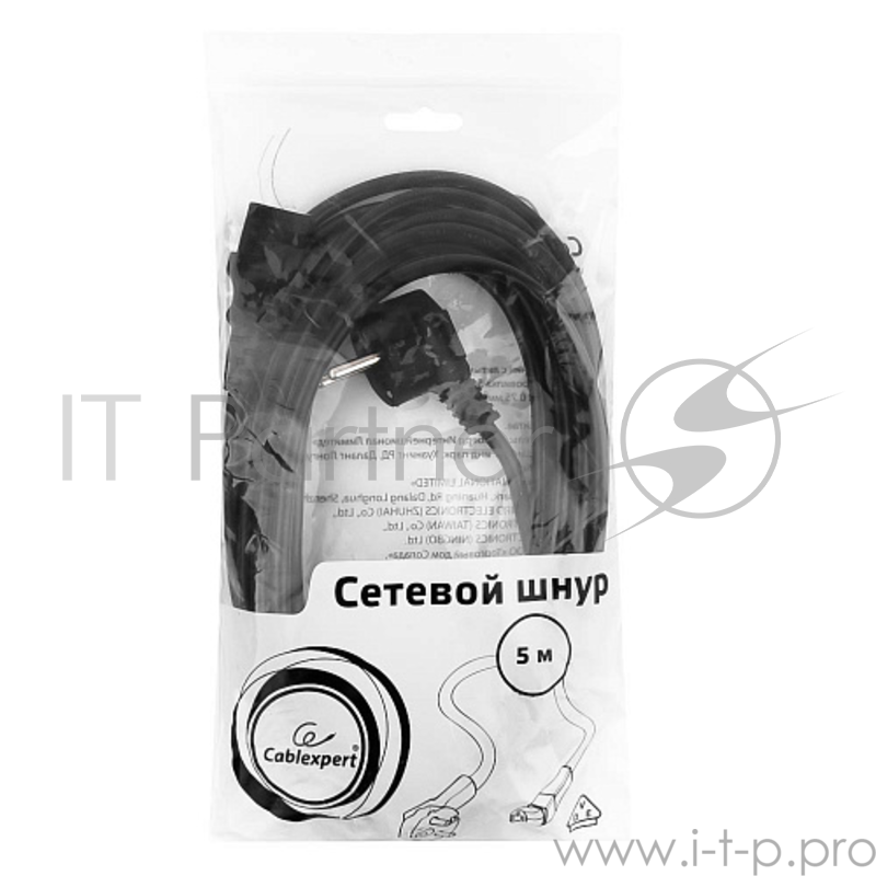 Кабель Кабель питания Gembird 5.0м, VDE(0.75мм), черный, с зазем., пакет PC-186-VDE-5M