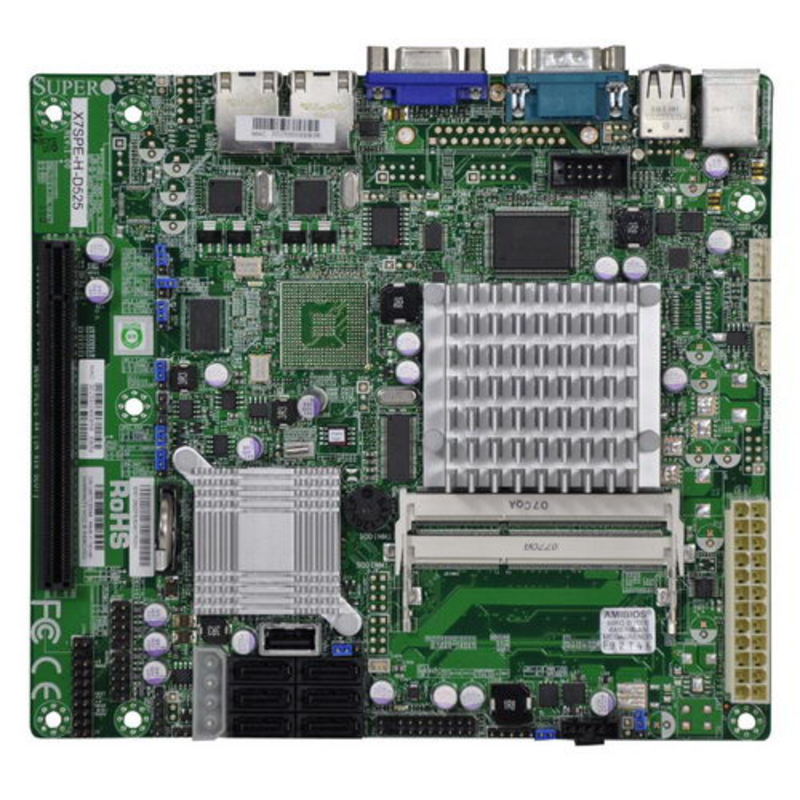 Материнская плата MB Supermicro X7SPA-H-D525 SINGLE, Intel Atom D525, intel ICH9R+82574L, MiniITX, 2xSODIMM DDR3 (up to 4Gb), PCI-E x4(x16), 6xSATA(RAID 0, 1, 5, 10), 2xLAN 1Gb, VGA Matrox G200eW, 8xUSB, COM, DOM