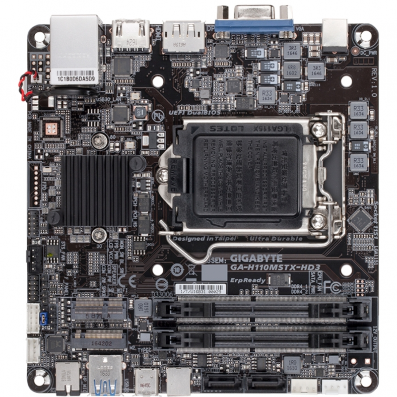 Материнская плата GIGABYTE GA-H110MSTX-HD3 / Intel H110 / LGA1151 / 2xDDR4 (32GB) / D-SUB, HDMI, DisplayPort / Mini-STX / RTL