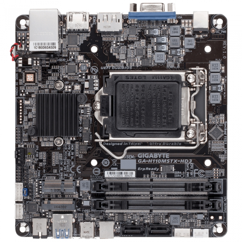 Материнская плата GIGABYTE GA-H110MSTX-HD3 / Intel H110 / LGA1151 / 2xDDR4 (32GB) / D-SUB, HDMI, DisplayPort / Mini-STX / RTL