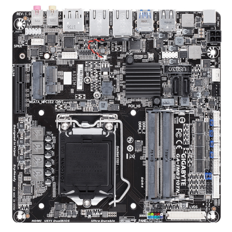 Материнская плата GA-IMB310TN, Socket 1151, Intel®H310, 2xDDR4-2133 SO-DIMM, HDMI+DP+LVDS, 1xPCI-Ex4, 1xMiniPCI-E, 2xSATA3, 1xM.2, 8 Ch Audio, 2xGLan, (2+2)xUSB2.0, (2+2)xUSB3.0, Thin Mini-ITX, RTL {10}