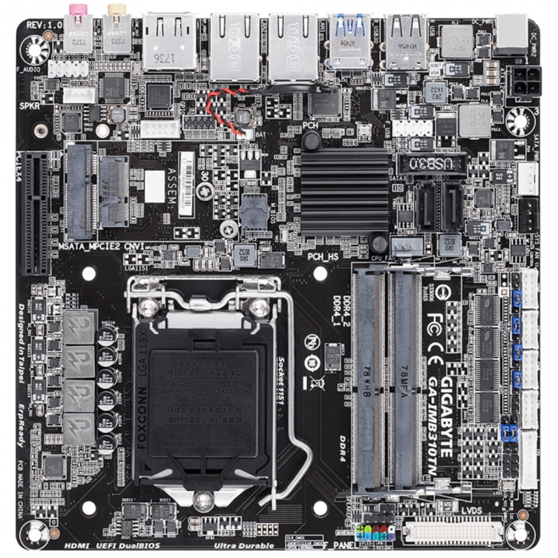Материнская плата GA-IMB310TN, Socket 1151, Intel®H310, 2xDDR4-2133 SO-DIMM, HDMI+DP+LVDS, 1xPCI-Ex4, 1xMiniPCI-E, 2xSATA3, 1xM.2, 8 Ch Audio, 2xGLan, (2+2)xUSB2.0, (2+2)xUSB3.0, Thin Mini-ITX, RTL {10}