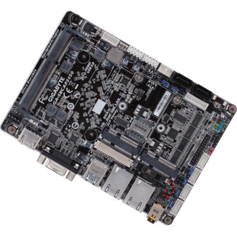 Материнская плата с процессором GA-SBCAP3450, Intel® Quad-Core Celeron®N3450 (2.2 GHz), 1xDDR3-1600 SO-DIMM, D-SUB+HDMI+LVDS, 1xMiniPCIex1, 2xSATA3, 1xMSATA, 2 Ch Audio, 2xGLan, (0+4)xUSB2.0, (2+0)xUSB3.1, Thin Mini-ITX, RTL {}