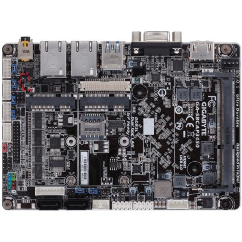 Материнская плата с процессором GA-SBCAP3450, Intel® Quad-Core Celeron®N3450 (2.2 GHz), 1xDDR3-1600 SO-DIMM, D-SUB+HDMI+LVDS, 1xMiniPCIex1, 2xSATA3, 1xMSATA, 2 Ch Audio, 2xGLan, (0+4)xUSB2.0, (2+0)xUSB3.1, Thin Mini-ITX, RTL {}