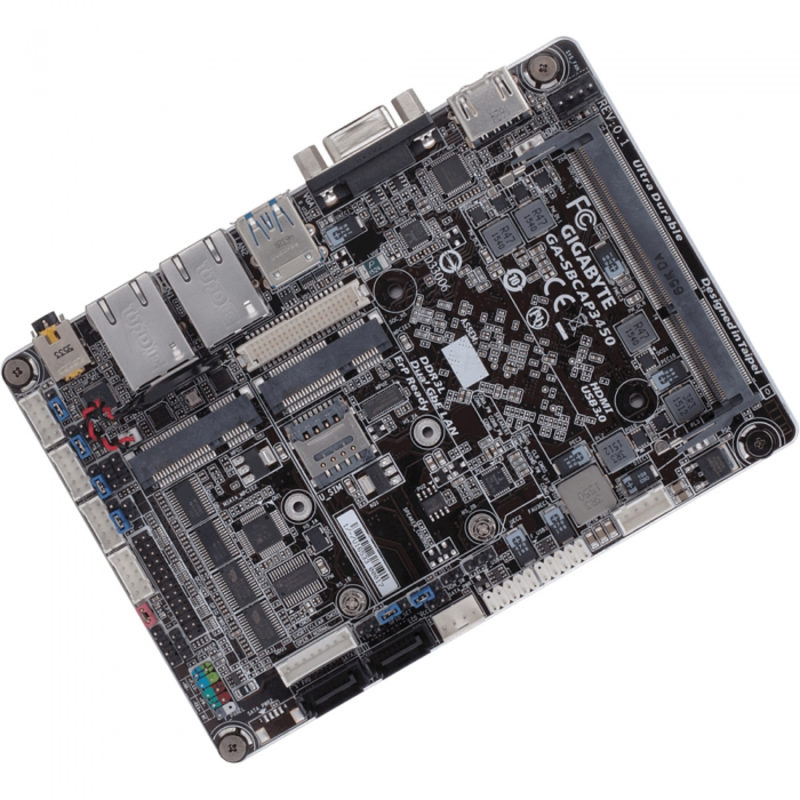 Материнская плата с процессором GA-SBCAP3450, Intel® Quad-Core Celeron®N3450 (2.2 GHz), 1xDDR3-1600 SO-DIMM, D-SUB+HDMI+LVDS, 1xMiniPCIex1, 2xSATA3, 1xMSATA, 2 Ch Audio, 2xGLan, (0+4)xUSB2.0, (2+0)xUSB3.1, Thin Mini-ITX, RTL {}