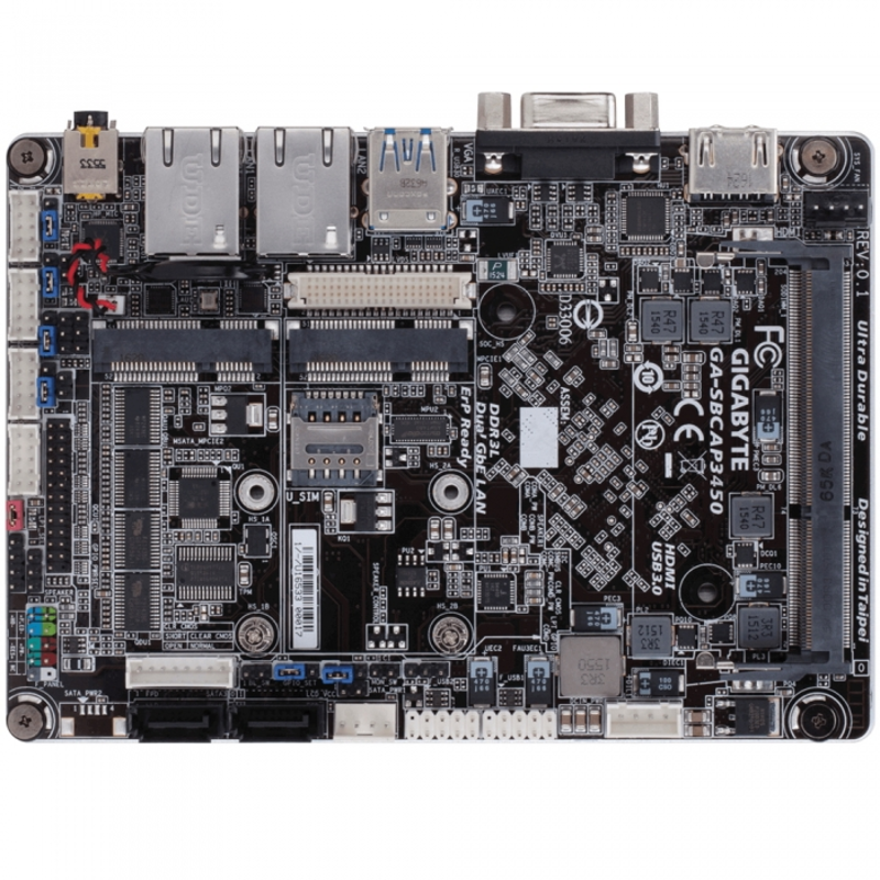 Материнская плата с процессором GA-SBCAP3450, Intel® Quad-Core Celeron®N3450 (2.2 GHz), 1xDDR3-1600 SO-DIMM, D-SUB+HDMI+LVDS, 1xMiniPCIex1, 2xSATA3, 1xMSATA, 2 Ch Audio, 2xGLan, (0+4)xUSB2.0, (2+0)xUSB3.1, Thin Mini-ITX, RTL {}