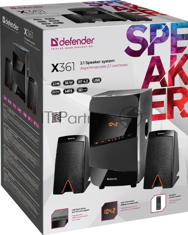 Колонки DEFENDER X361 36Вт, BT/FM/MP3/SD/USB/LED/RC