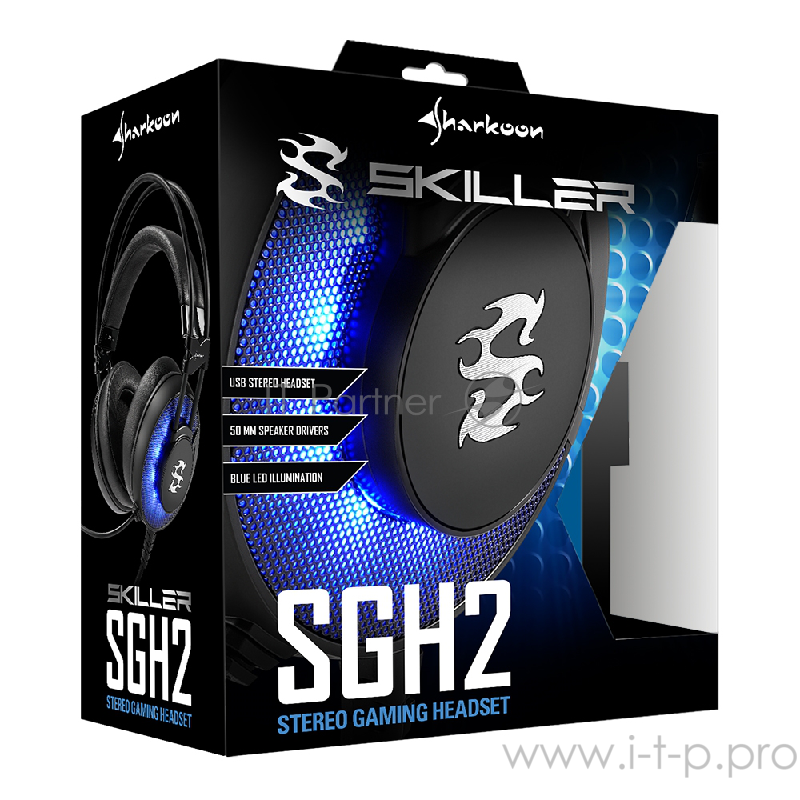 Чёрная игровая гарнитура Sharkoon Skiller SGH2 (USB, 50 мм, синяя подсветка, ПУ)
