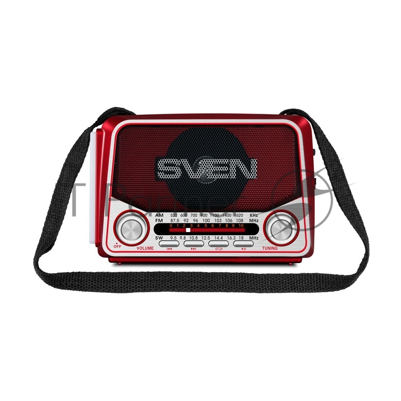 Радиоприемник АС SVEN SRP-525, красный (3 Вт, FM/AM/SW, USB, microSD, фонарь, встроенный аккумулятор)
