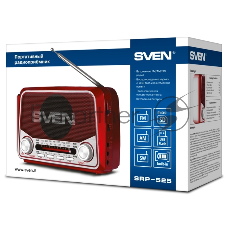 Радиоприемник АС SVEN SRP-525, красный (3 Вт, FM/AM/SW, USB, microSD, фонарь, встроенный аккумулятор)