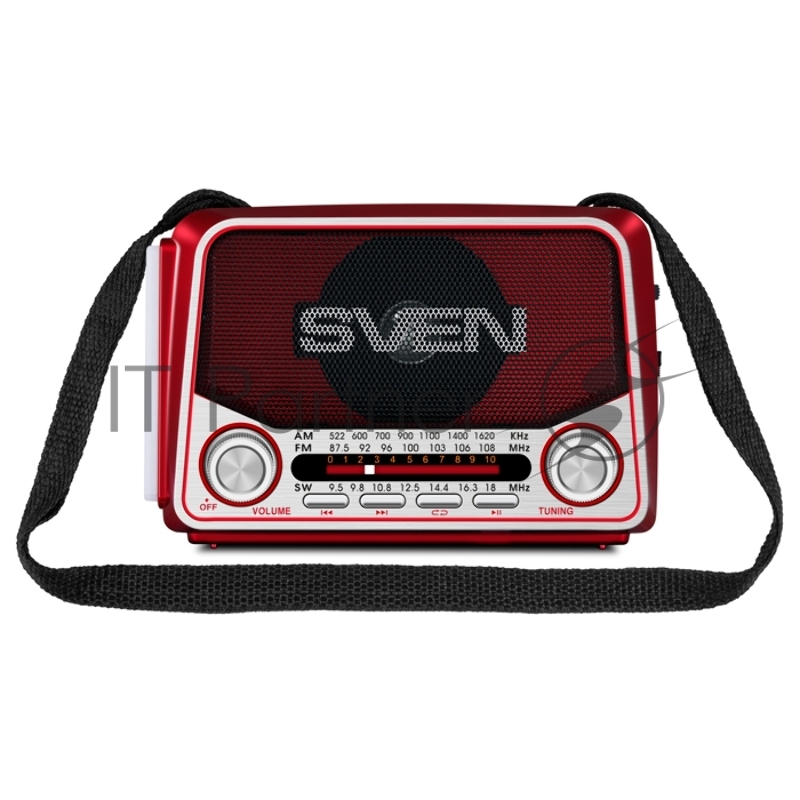 Радиоприемник АС SVEN SRP-525, красный (3 Вт, FM/AM/SW, USB, microSD, фонарь, встроенный аккумулятор)