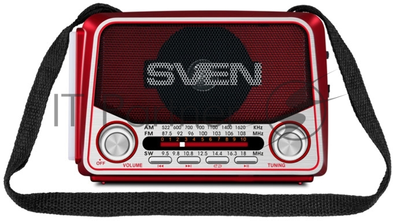 Радиоприемник АС SVEN SRP-525, красный (3 Вт, FM/AM/SW, USB, microSD, фонарь, встроенный аккумулятор)