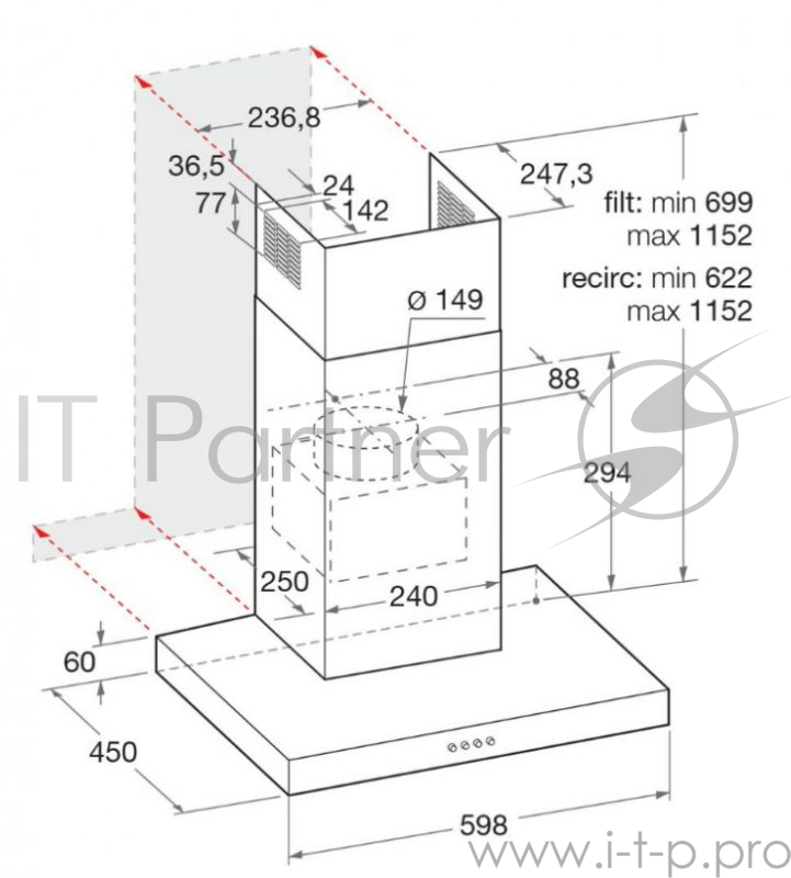 Вытяжка каминная HOTPOINT-ARISTON HHBS 6.7F LL X / 60 см, 713 м3/ч, 3 сорости, дисплей, LED освещение, нерж.сталь