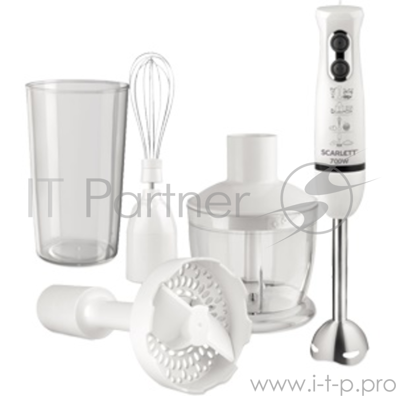 Блендер SCARLETT SC-HB42M33 белый Максимальная мощность 700 Вт, 4 в 1: подходит для измельчения, взбивания, смешивания, приготовления картофельного пюре, Измельчитель 0.6л Насадка блендер из нержавеющей стали «Steel Pro», Венчик для взбивания Насадка