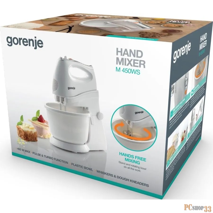 Миксер Gorenje M450WS Материал: Пластик + металл, Материал чаши: Пластик Материал насадок: Нержавеющая сталь Мощность мотора: 450 Вт, Количество скоростей: 5, Насадки: 2 венчика для взбивания, 2 насадки для теста, Мытье съемных деталей в посудомоечно