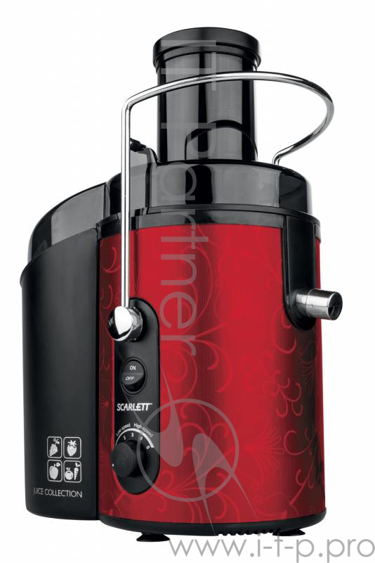 Соковыжималка SCARLETT SC-JE50S26 красный Мощность макс. 1500 Вт, Стакан для сока объемом 1.5 л,Контейнер для жмыха объемом 2.3 л,Щетка для очистки фильтра, Загрузочная горловина 75 мм для целых яблок, крупных фруктов и овощей,Инновационный i-мотор -