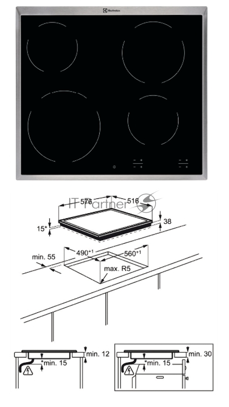 Встраиваемая варочная поверхность ELECTROLUX Встраиваемая варочная поверхность ELECTROLUX/ 59x52x3.8 см, стеклокерамика, рамка, независ., цвет: черный