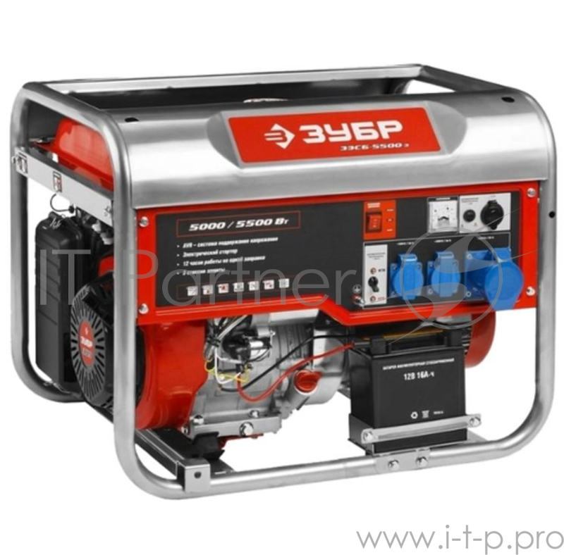 Генератор ЗУБР ЗЭСБ-5500 бензиновый 4-х тактный ручной пуск 5500/5000Вт 220/12в