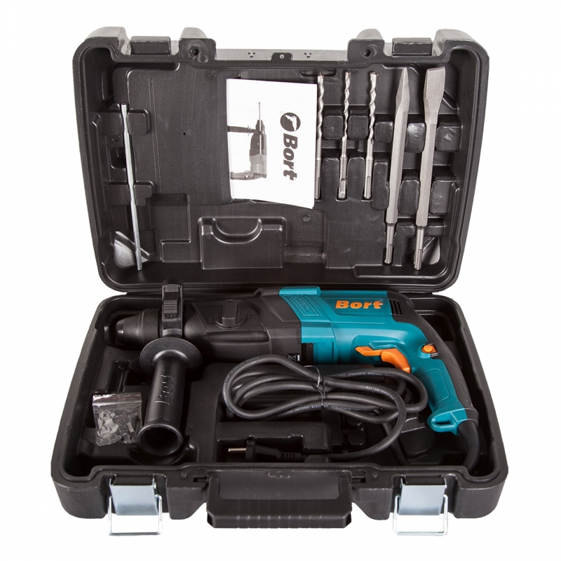 Перфораторы Bort BHD-850X Перфоратор электрический 91272539 { SDS+, 850 Вт, 3,2 Дж, 1300 об/мин, 5500 уд/мин, 3,1 кг, набор аксессуаров 9 шт, сверление, сверление + удар, долбление }