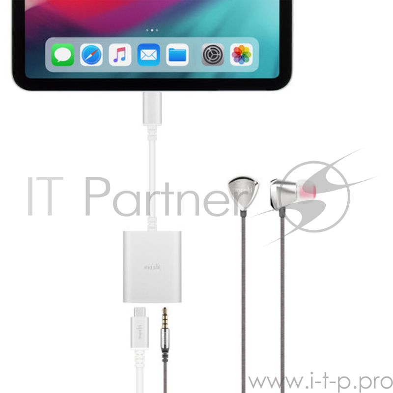 Адаптер Moshi USB-C Digital Audio Adapter. Интерфейс USB-C. Порт USB-C для зарядки, порт 3.5 мм. AUX. Цвет серебристый.