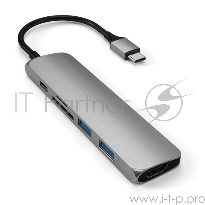 USB-C адаптер Satechi Type-C Slim Multiport Adapter V2. Интерфейс USB-C. Порты: USB-C Power Delivery (PD), 2хUSB 3.0, 4K HDMI, micro/SD. Цвет серый космос.