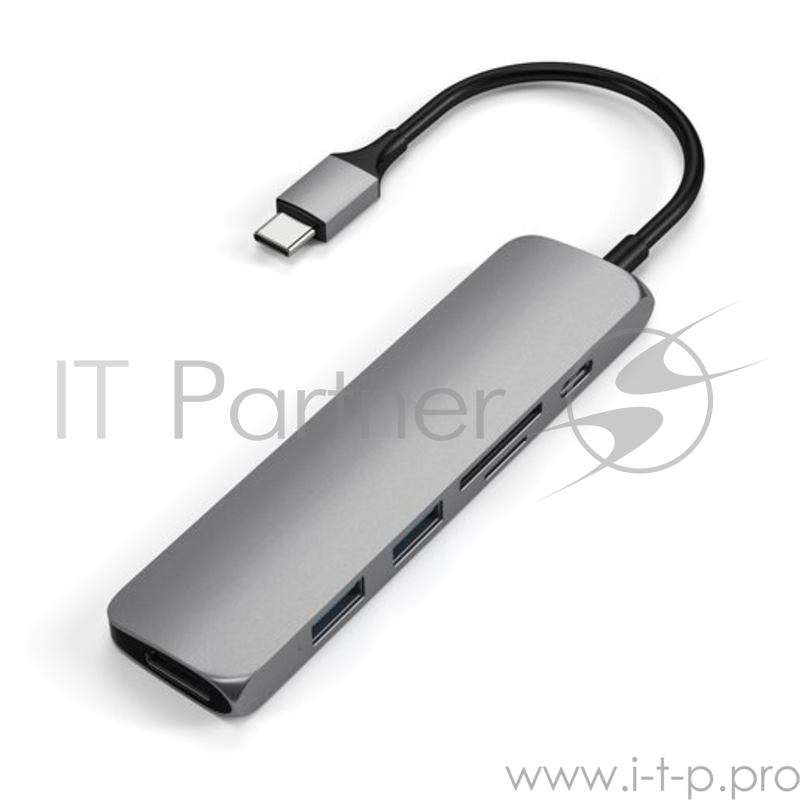 USB-C адаптер Satechi Type-C Slim Multiport Adapter V2. Интерфейс USB-C. Порты: USB-C Power Delivery (PD), 2хUSB 3.0, 4K HDMI, micro/SD. Цвет серый космос.