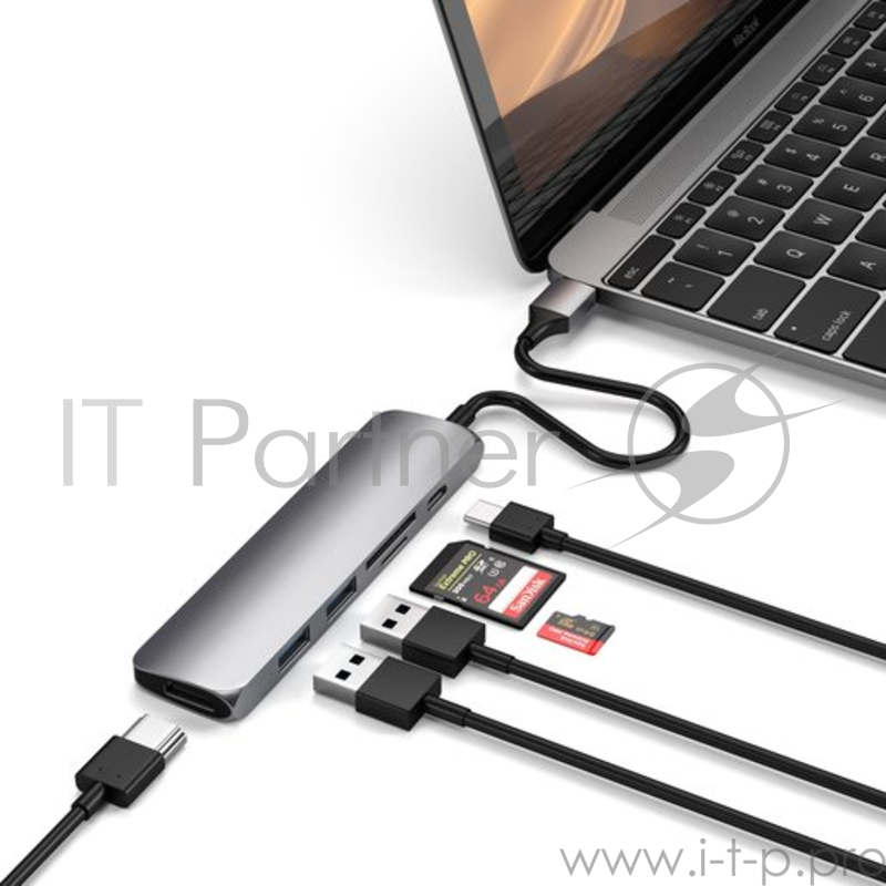 USB-C адаптер Satechi Type-C Slim Multiport Adapter V2. Интерфейс USB-C. Порты: USB-C Power Delivery (PD), 2хUSB 3.0, 4K HDMI, micro/SD. Цвет серый космос.