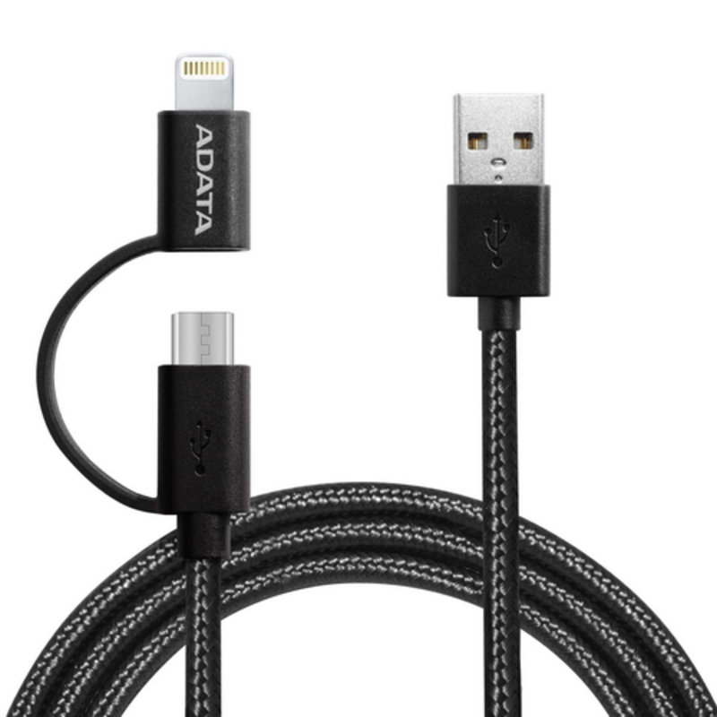 Кабель универсальный USB Cable ADATA Lightning-USB AMFI2IN1-200CMK-CBK 2m, 2-in-1: Lightning, microUSB 2.0, USB 2.0 Type A, 2.4A-rated copper wires, Apple MFi-certified, Black, RTL