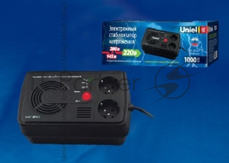 UNIEL 9620 U-STR-1000/1 серия Standard Courage 1000 ВА Однофазный электронны(релейный) стабилизатор,номинальная мощность 1,0кВА,диапазон входного напряжения 145-280В,выходное напряжение 220+/-10%В,частота 50/60Гц,точность стабилизации 10%,Макс.ток 4