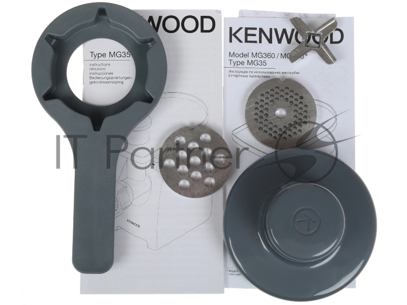 Kenwood, MG-360, Мясорубка 1400Вт, реверс, насадка для приготовления колбас, насадка для кеббе, 3 диск для фарша 3 мм, 4.5 мм, 8 мм, бургер-пресс
