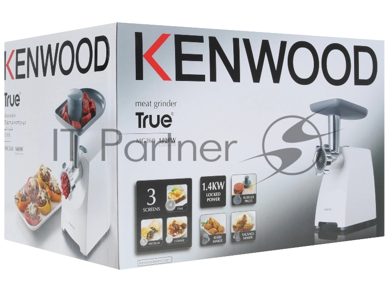 Kenwood, MG-360, Мясорубка 1400Вт, реверс, насадка для приготовления колбас, насадка для кеббе, 3 диск для фарша 3 мм, 4.5 мм, 8 мм, бургер-пресс