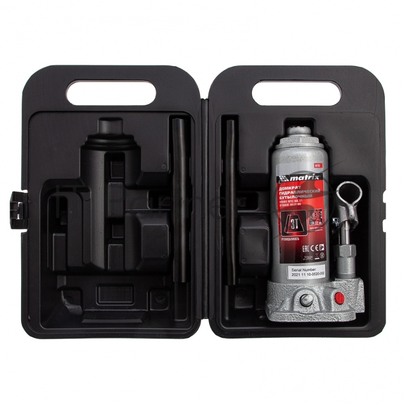 Домкрат MATRIX 50752 бутылочный 3т h подъема 194–372мм в пласт. кейсе