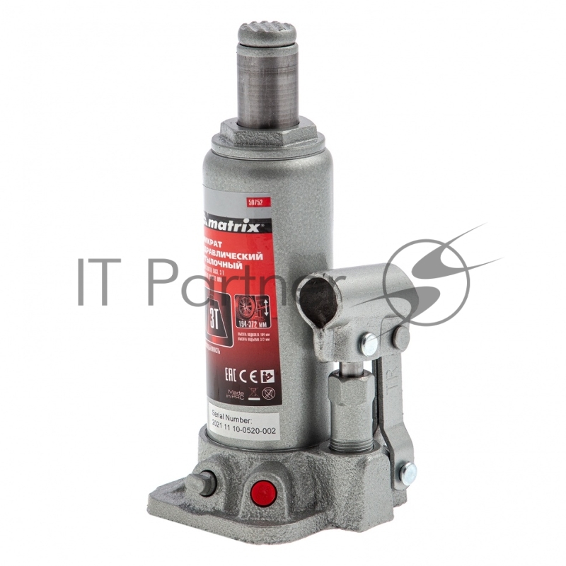 Домкрат MATRIX 50752 бутылочный 3т h подъема 194–372мм в пласт. кейсе