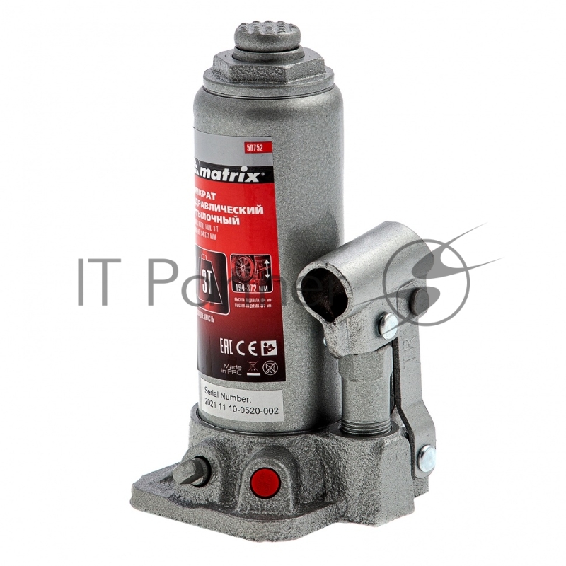 Домкрат MATRIX 50752 бутылочный 3т h подъема 194–372мм в пласт. кейсе