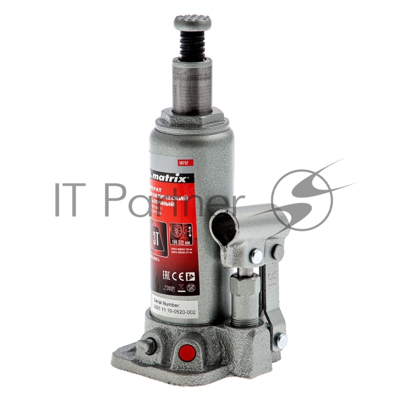 Домкрат MATRIX 50752 бутылочный 3т h подъема 194–372мм в пласт. кейсе