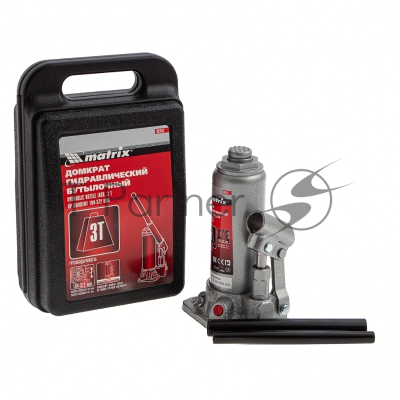 Домкрат MATRIX 50752 бутылочный 3т h подъема 194–372мм в пласт. кейсе