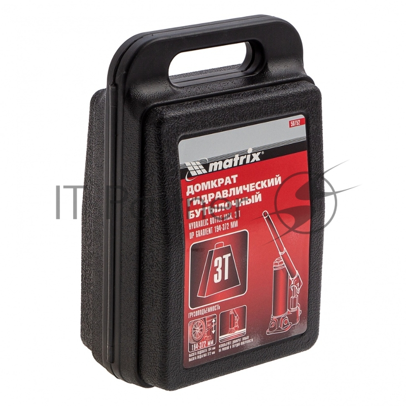 Домкрат MATRIX 50752 бутылочный 3т h подъема 194–372мм в пласт. кейсе