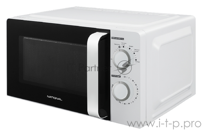 Микроволновая печь NATIONAL 20 литров, 700 Вт, 6 уровней мощности, механическое управление, разморозка, таймер, БЕЛАЯ, диаметр тарелки 255мм