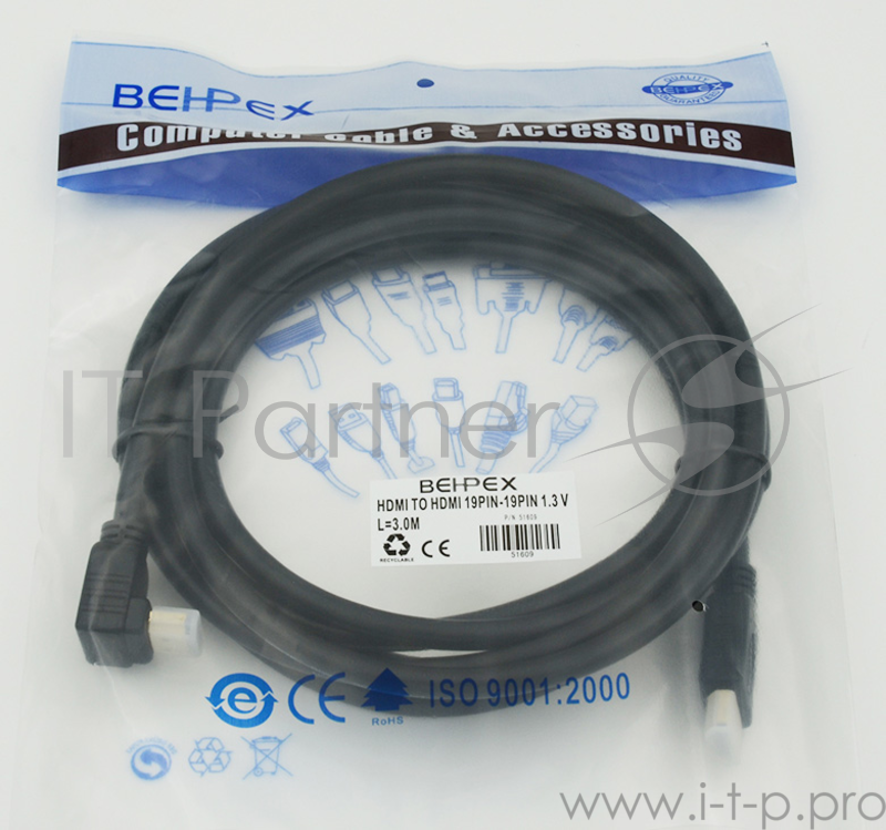 Кабель HDMI 3м, 19pin to 19pin, 1 угловой разъем, черный