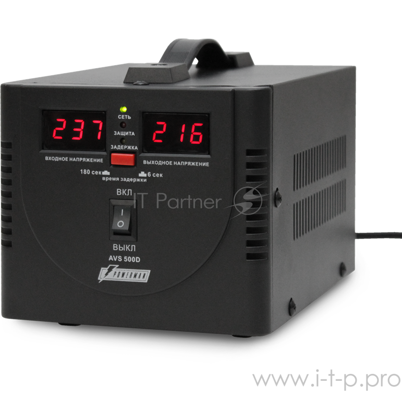 Powerman AVS-D Voltage Regulator 500VA, Digital Indication, 2x Schuko Outlets, 1m Power Cord, 230V, 1 year warranty, White