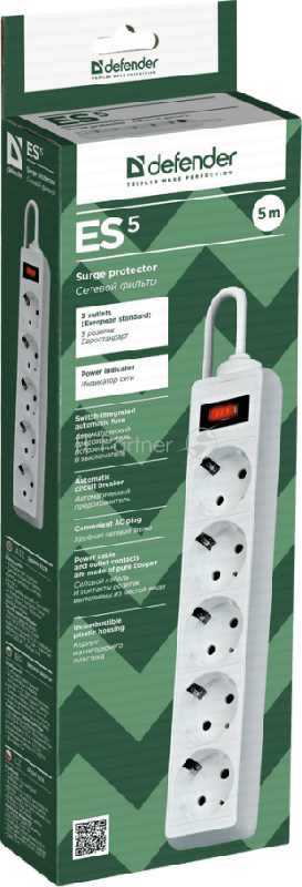 Сетевой фильтр Defender Surge protector ES (5 розеток евр.) 5 m, white (упаков. пакет)